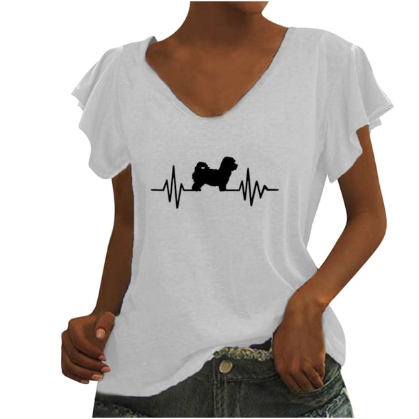 Camiseta informal para mujer, blusa estampada con volantes, manga corta, cuello en V, Tops Fridja ghk6980