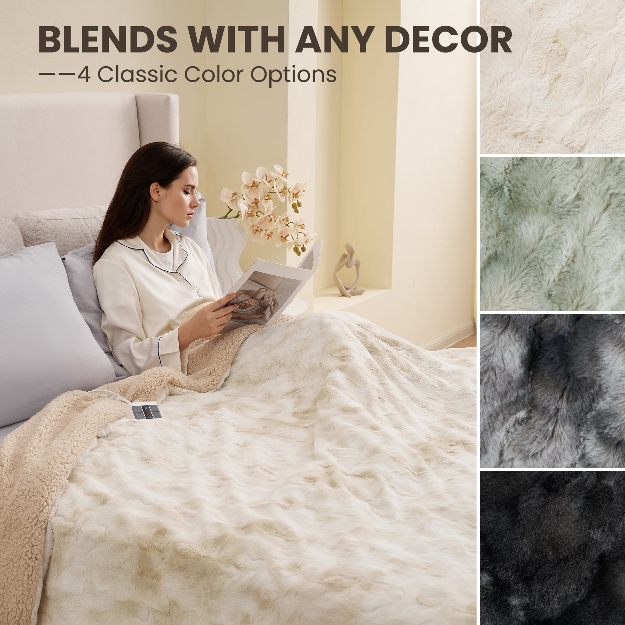 MARNUR Heated Blanket Queen Size 84" x 90", Faux Fur & Sherpa Electric Blanket with Dual Controllers, 10 Heat Levels, 10H Timer, Tie-Dye Off White