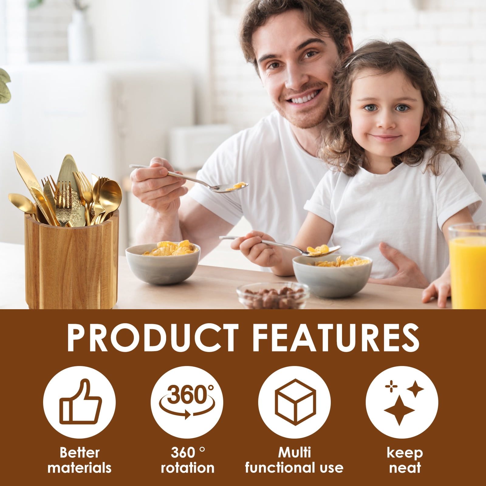 LINFANG 360° Rotating Utensil Holder Large Capacity Utensil Caddy Wooden Countertop Cutlery Silverware Caddy Holder