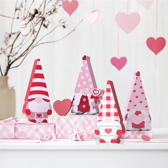 Valentines Day Decorations, 4 Pack Wooden Gnomes with Envelope and Hearts, Valentines Home Office Table Decor, 6.5 Inch Valentine's Day Decor for Bedroom Mantel Tiered Tray Shelf, Red White