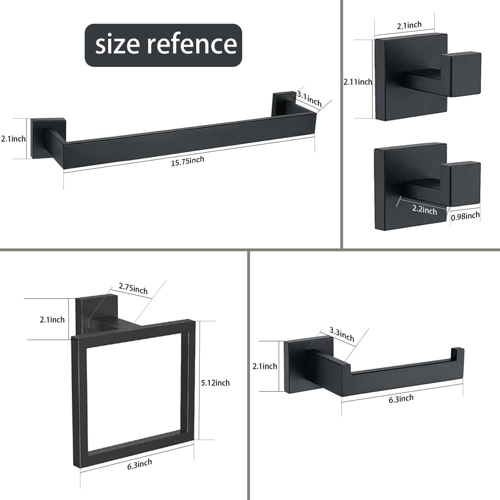 stusgo Matte Black 5-Piece Square Bathroom Hardware Set with Towel Bar, Hook, Toilet Paper Holder and Ring（Black）