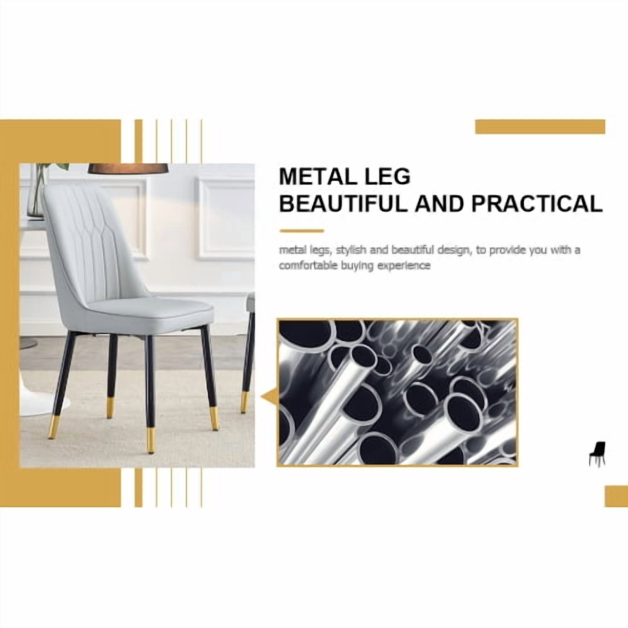 Set of 4 Dining Chairs, Modern Light Gray PU Leather Chairs with Black Metal Legs, Soft Padded Seat for Kitchen Bedroom Restaurant