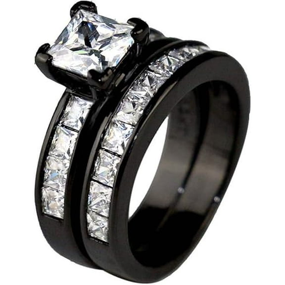 Rag Jewels 925 Sterling Silver 2.30 Ct Princess Cut White Diamond Wedding Engagement Thanksgiving Christmas Bridal Ring Set 14K Black Gold Plated For Women's -5