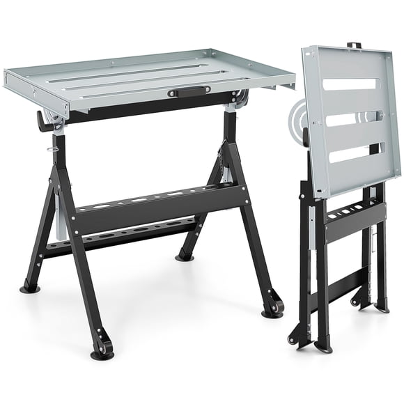 Folding Welding Table with Tabletop 2 Fixed Wheels 4-Level Height 5 Tilting Angles