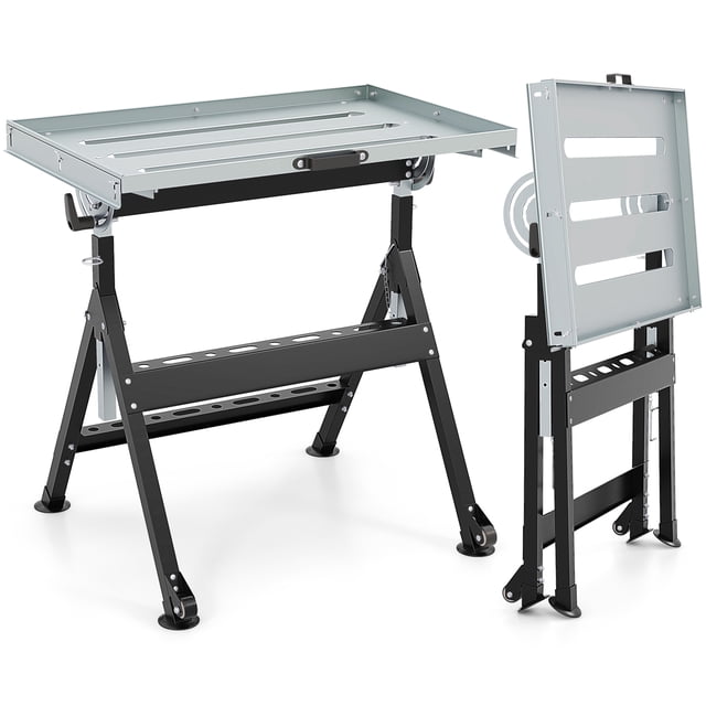 Folding Welding Table with Tabletop 2 Fixed Wheels 4-Level Height 5 Tilting Angles
