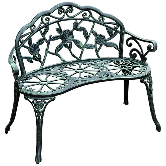 Topcobe Outdoor Bench, Cast Aluminum Outdoor Furniture, Metal Bench with Floral Rose Accent & Antique Finish, Modern Furniture for Outdoor, Green