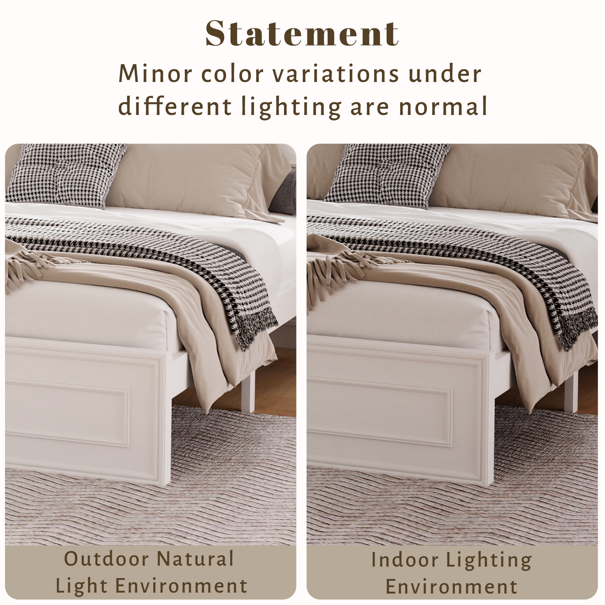 Queen Bed Frame with Adjustable Height Headboard and Geometric Panel Design, Wood Platform Bed and Mattress Foundation with Strengthened Frame, White