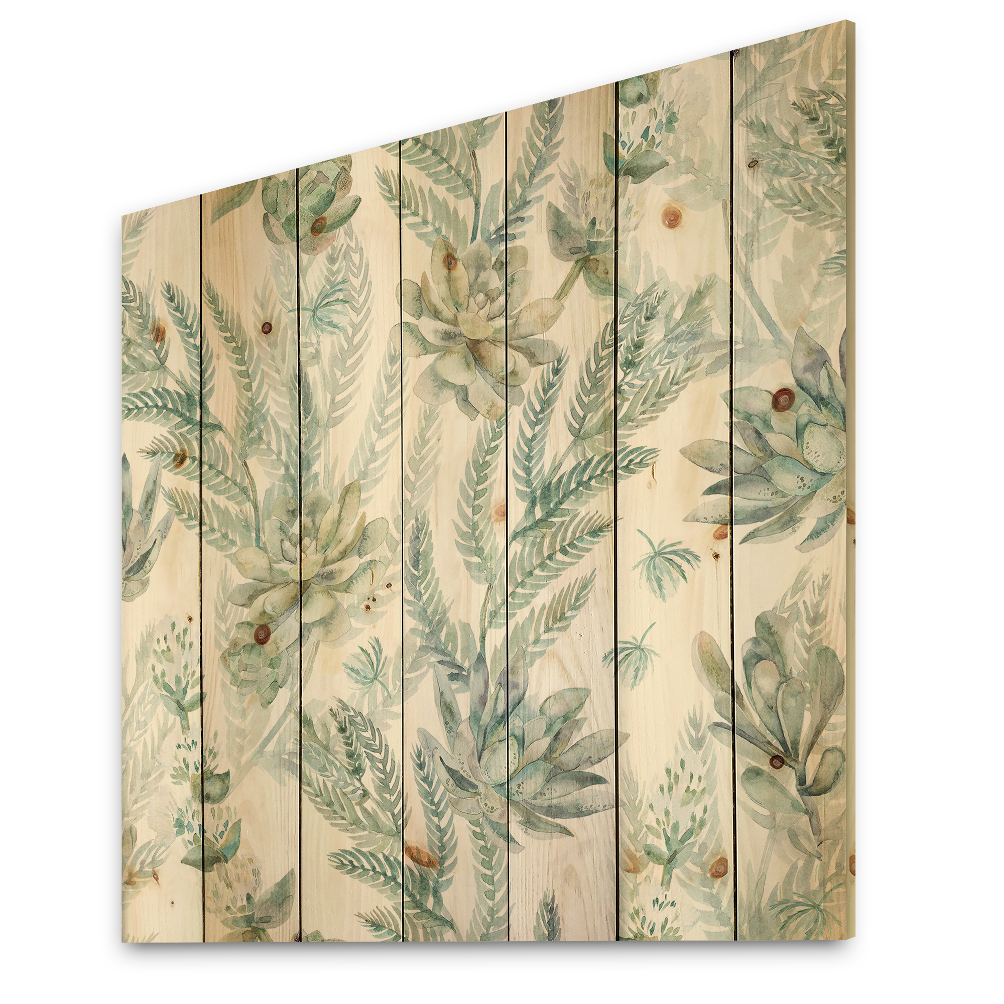 Designart 'Floral Seamless Pattern Succulents and Ferns Thorns' Farmhouse Print on Natural Pine Wood
