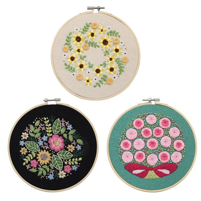 Ensemble de 3 Pcs pour Point de Croix, Gamme Complète, Bricolage, Kit de Broderie Florale Estampée pour Débutant