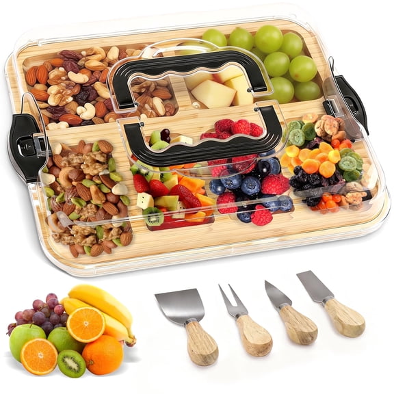 KORALAKIRI Charcuterie Boards with Knife Set, Bamboo Cutting Board, Meat Fruit Platter with 6 Compartments for Picnics, Camping, Parties, Housewarming Gifts
