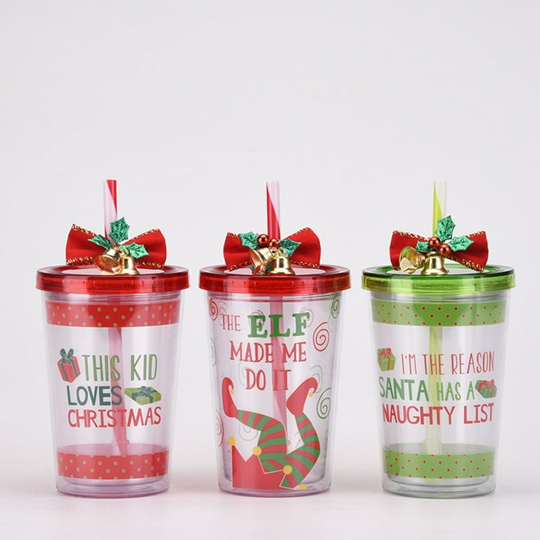 DraggmePartty Christmas Straw Cups Kid'S Christmas Drinking Tumbler Cups  With Straw And Lid Double Wall Leakproof Clear Tumbler 