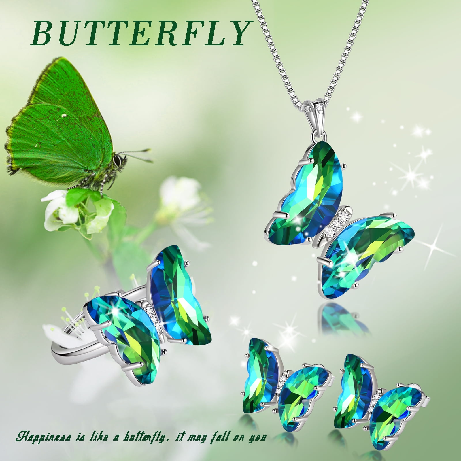 Green Butterfly Jewelry Sets Earrings Necklace Ring, May Birthstone Jewelry Set Emerald Sterling Silver Women Birthday Mother's Day Gifts
