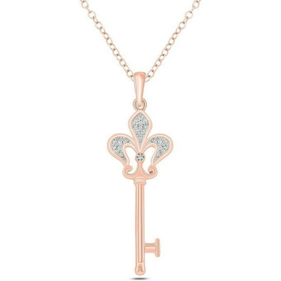 Real 925 Sterling Silver 14K Rose Gold Plated Round Cut White Diamond Vintage Style Skeleton Key Pendant Necklace For women