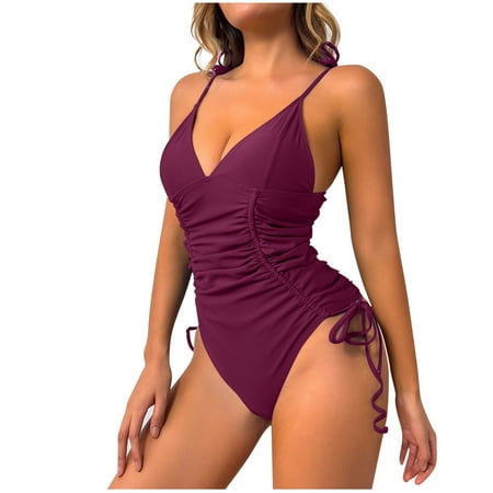 Moocorvic Women s One Piece Swimsuit Deep V Neck Bathing Suits Tummy Control With Bra Pads Thin Backless Swimwear(Watermelon Red L)
