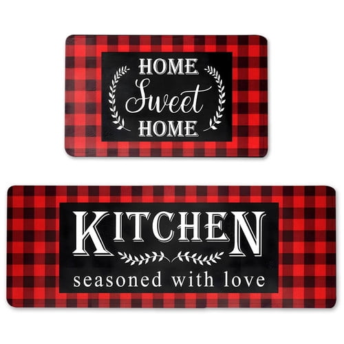 Kitchen Mats Non Skid Washable Set of 2, Black Red Buffalo Plaid Runner Rug, Farmhouse Floor Under Sink Mat Throw Rug for Kitchen Doormat