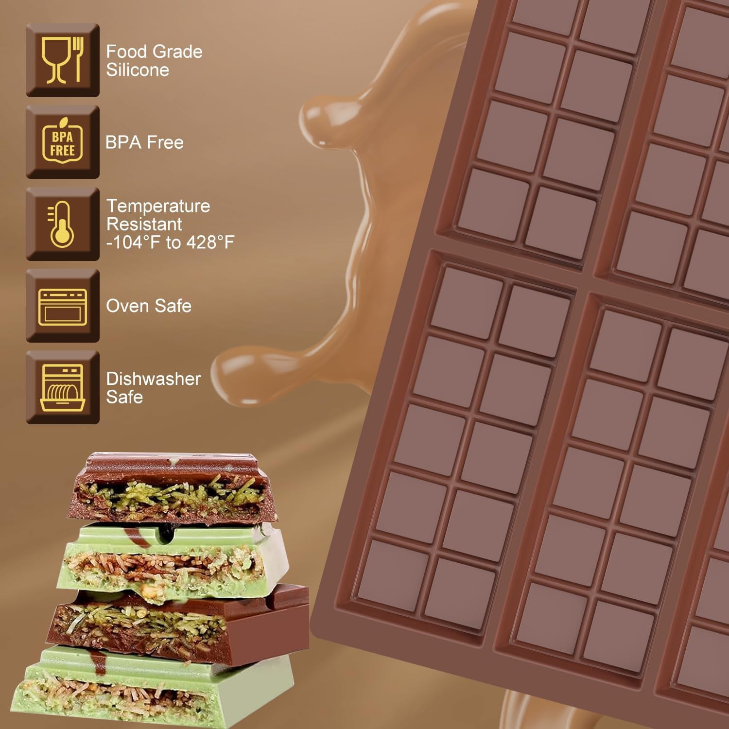 Chocolate Bar Mold, Non-Stick Silicone Molds for Stuffed Bar, Food Grade Square Candy Dubai Pistachio Rod, Snacks, Candies, Desserts (10 Snap)