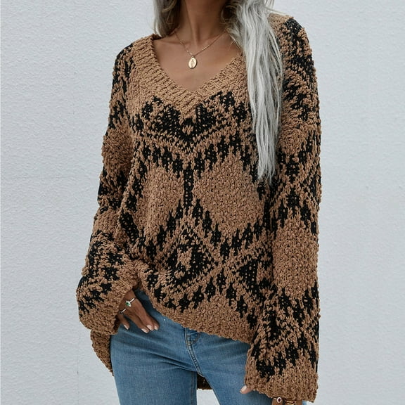 AOOCHASLIY Sweaters Fall Clothes Women's Casual Long Sleeve Loose V-neck Rhombus Pattern Pullover Sweater