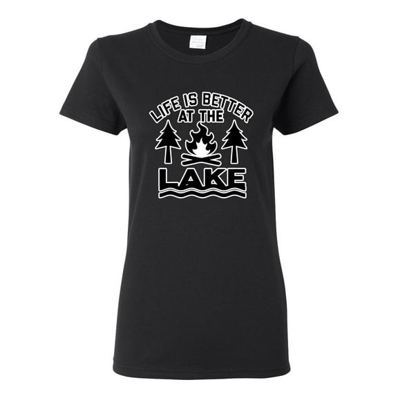 Life is Better at the Lake Outdoors Inspirational/Christian Womens Graphic T-Shirt, Black, Small