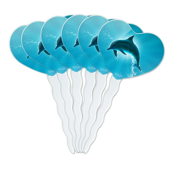 Leaping Dolphin Ocean Light Heart Love Cupcake Picks Toppers Decoration Set of 6