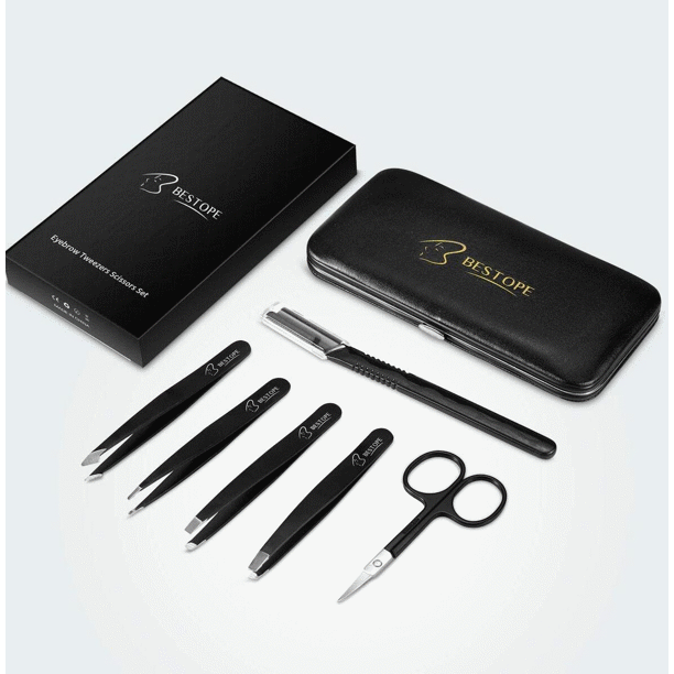 BESTOPE Tweezers for Eyebrows Tweezer Scissors Set 6Pcs Brow Tools