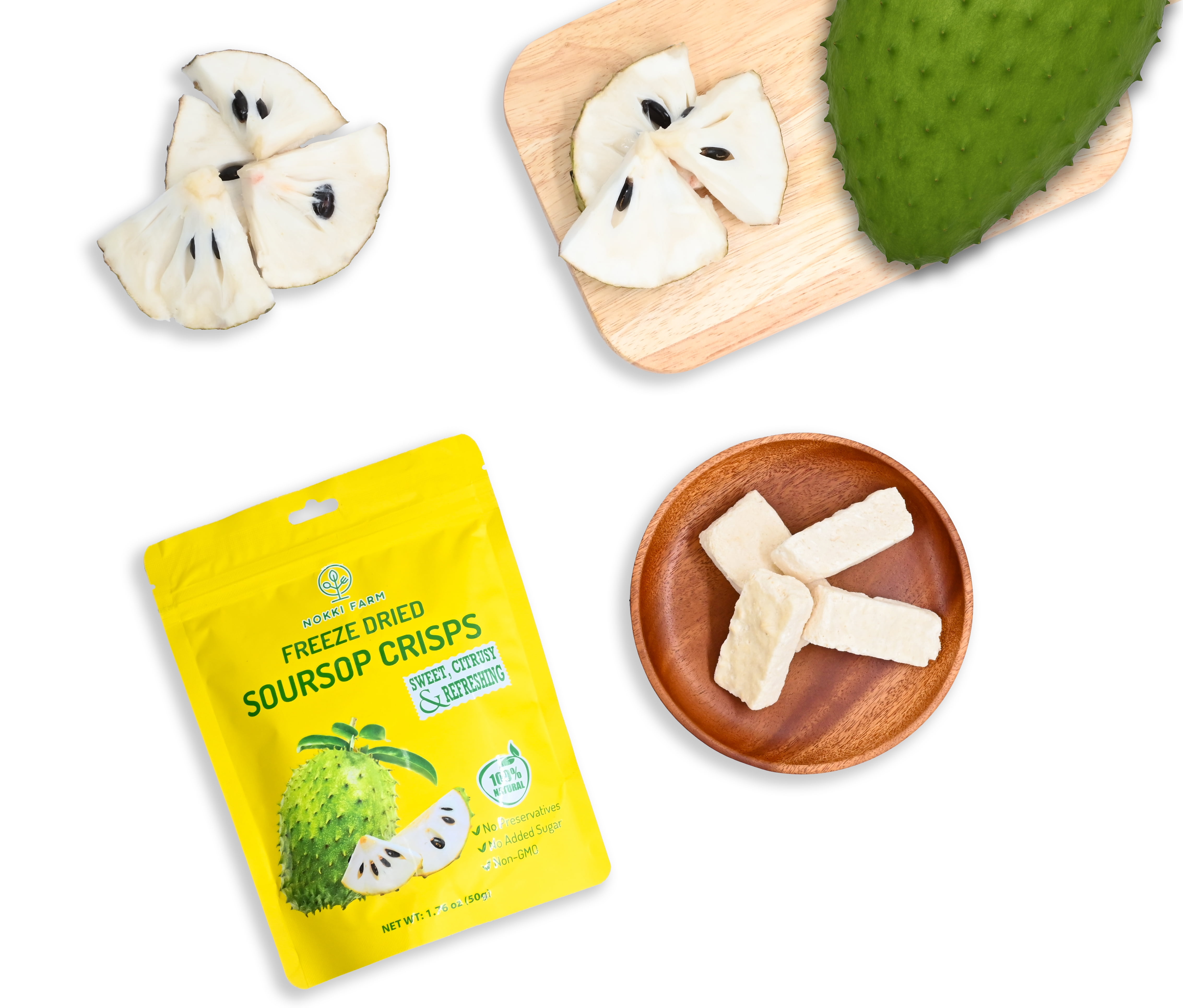 NOKKI FARM Freeze Dried Soursop Crisps - Healthy & Exotic Tropical Superfood Snacks, No Added Sugar or Preservatives, Kid-Approved, Shelf-Stable & Portable for On-The-Go Snacking, 1.76oz x 3 packs