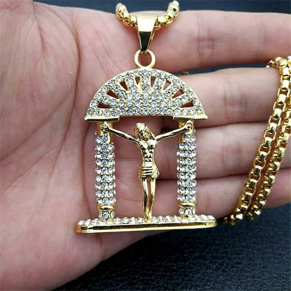 Hip Hop Jesus Christ Cross Pendant Necklac Iced Out Bling 14K Yellow Gold Crucifix Necklace Male Christian Jewelry