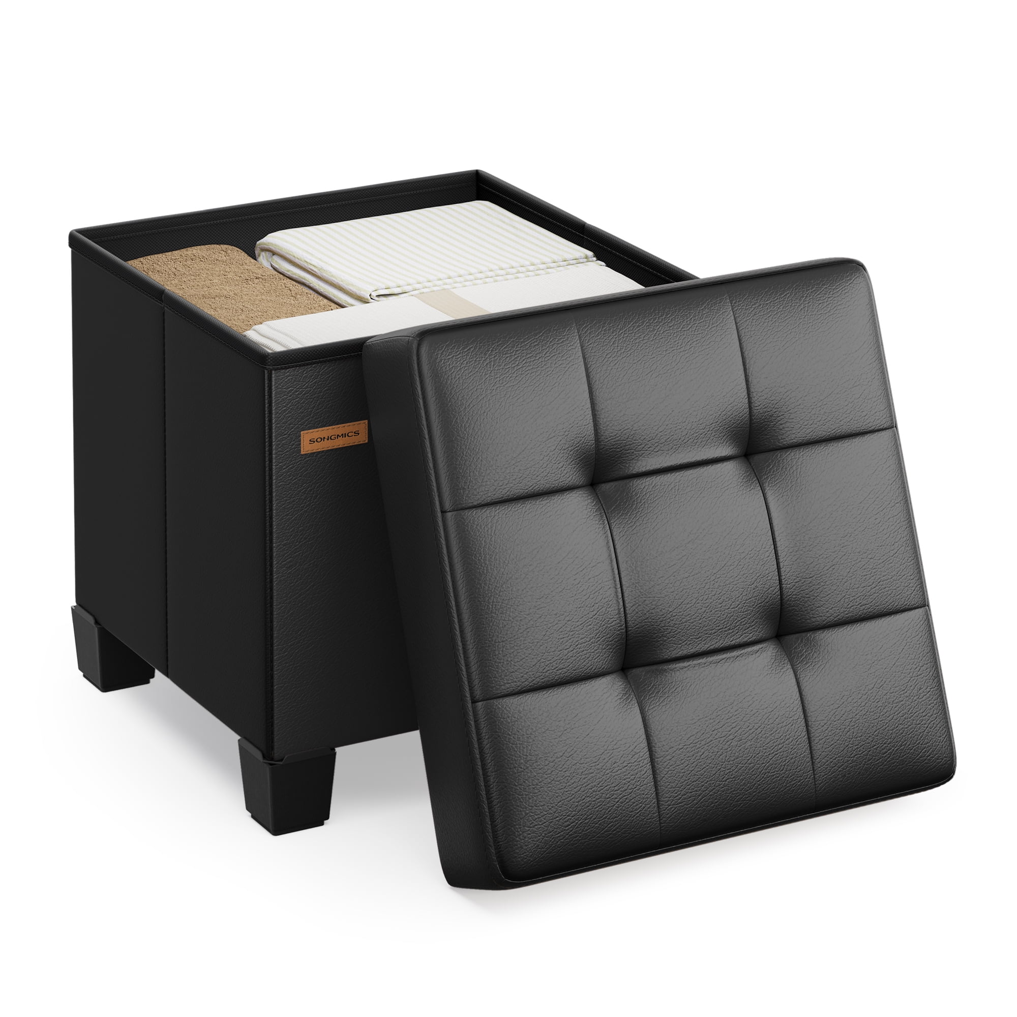 SONGMICS 15x15x15.7-Inch Cube Storage Ottoman with Legs. 10 Gal (37 L) Capacity. Synthetic Leather Footstool/Footrest.Ink Black