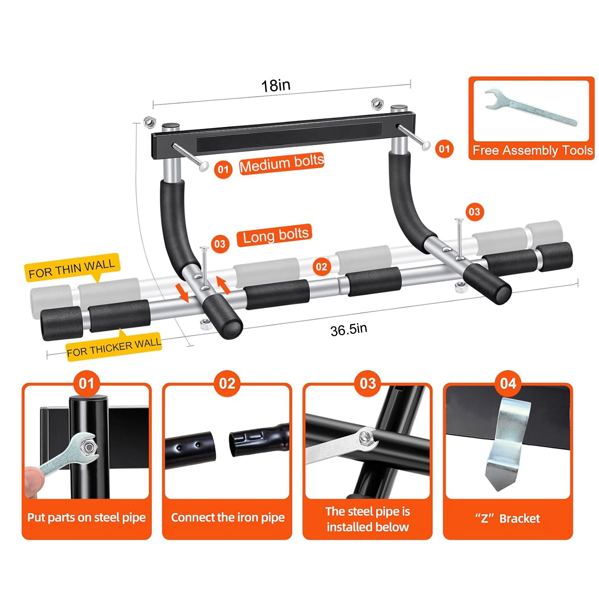 DZORUN Doorway Pull Up Bar Upper Body Doorframe Chin-Up Bar Core Fitness Workout Strength Equipment Indoor Adjustable Trainer for Home Gym(Silvery)