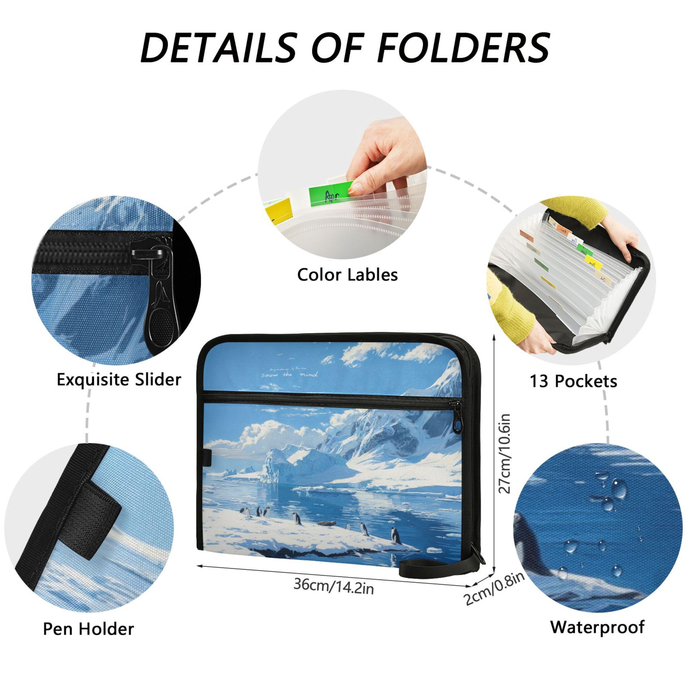 13-Pocket Expanding File Folder—Nylon Accordion File Organizer with Handwritten Labels, Antarctica Pattern