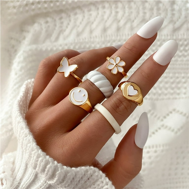 Chunky Rings Butterfly Ring Set White Gold Smiley Face Ring Flower Rings  for Women Stackable Rings Heart Knuckle Rings for Teen Girls Mid Finger  Rings