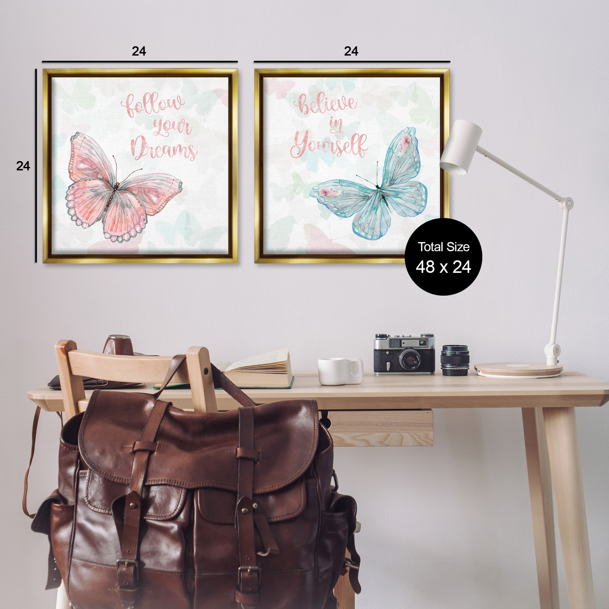 Stupell Industries Believe In Dreams Butterflies Animals & Insects Painting Gold Floater Framed Canvas Art Print Wall Art, 25 x 25, Set of 2
