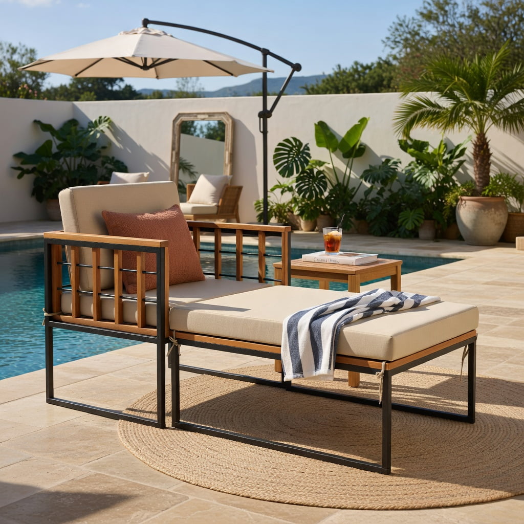 Hommoo Acacia Wood Patio Armchair Set with Matching Ottoman & Removable Cushions, Outdoor Lounge Chair for Backyard, Poolside, Balcony, Brown