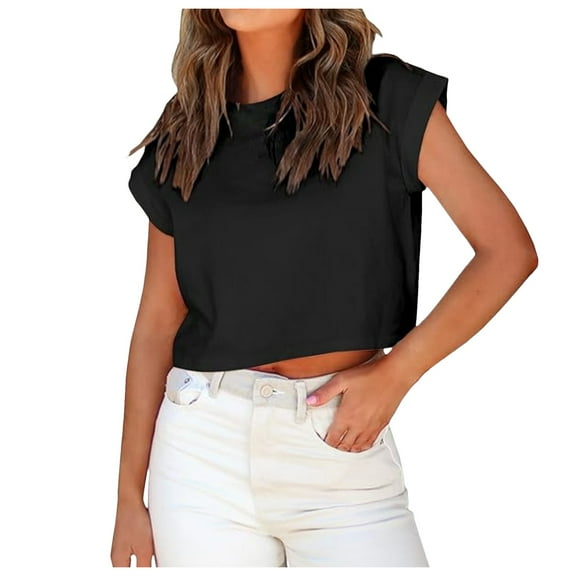 XIAONU Women's Crop Tee Loose Cap Sleeve Crew Neck Rolled Pullover Top Minimalist Trendy Casual Daily Wear T Shirts