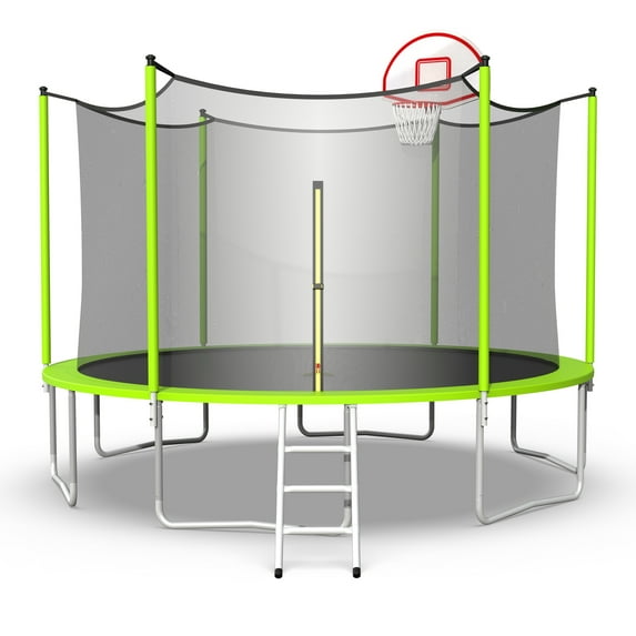 14FT Trampoline for Kids Adults, BTMWAY Recreational Trampoline with Enclosure Net, Indoor Outdoor Trampoline with Basketball Hoop, Ladder, Jumping Exercise Trampoline for Backyard, Garden, Green