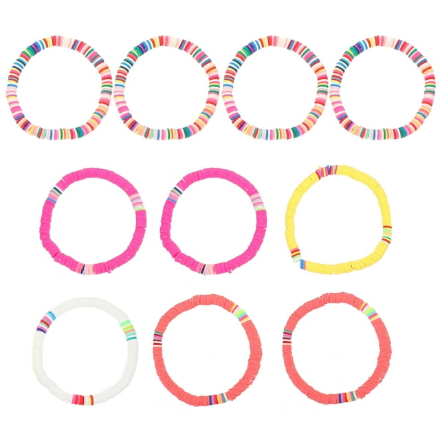 KAKOWELY 10pcs 6mm Bohemian Bracelets Colorful Polymer Clay Hand Ropes Beach Elastic Rope Bracelets(Assorted Designs),7.09"X0.24"X0.24"