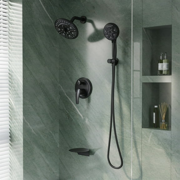 ANGELES HOME Shower Faucet Set with Tub Spout, Wall Mounted Shower System with 9-Setting Handheld, 6-Setting Rain Shower Head with Round-in Valve, Matte Black