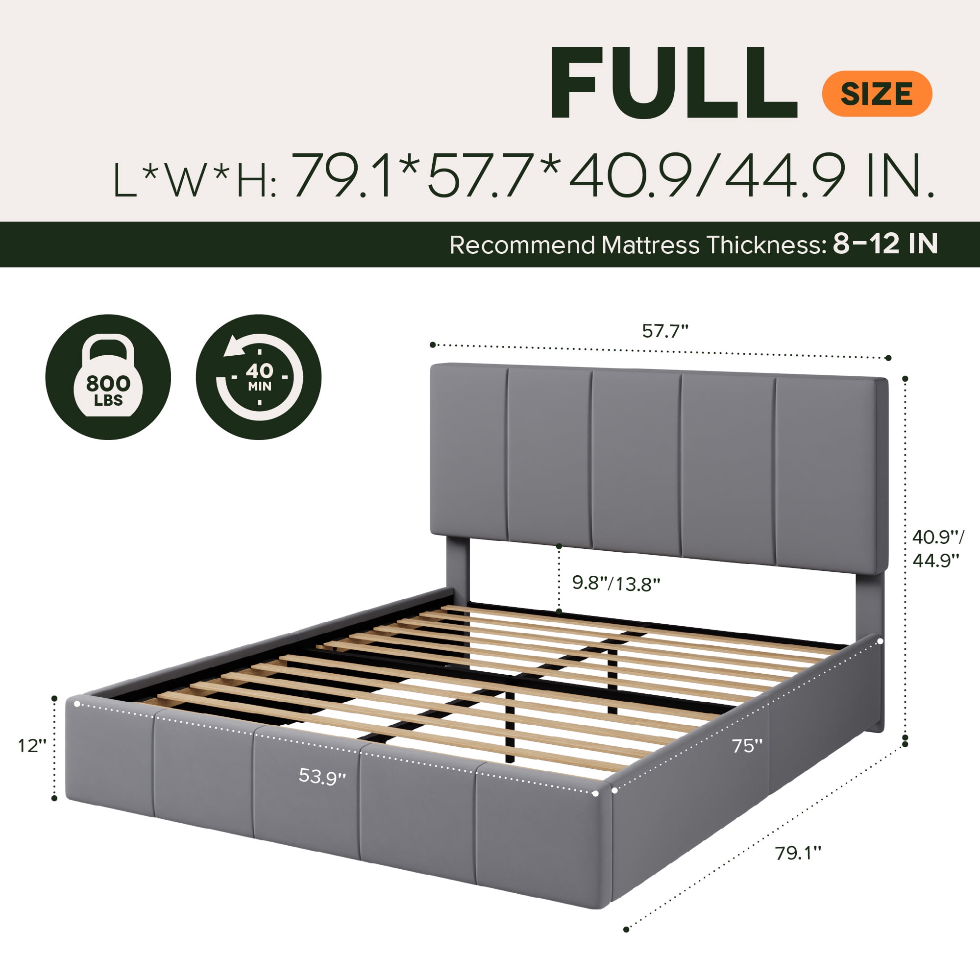 Einfach Full Size Bed Frame, Upholstered Platform Bed with Height Adjustable Headboard, Easy Assembly, Noise-Free, Grey