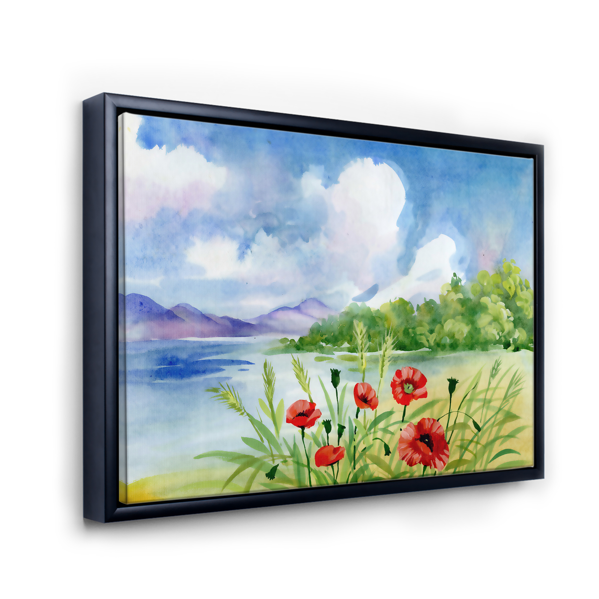 Designart 'Red Tulips On The Bank Near A River Mountain' Lake House Framed Canvas Wall Art Print