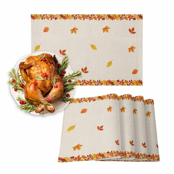 Fall Placemats Set of 6 Maple Leaf Fallen Leaves Place Mats Thanksgiving Placemat Orange Linen Table Mats for Dining Kitchen Table Holiday Dinner Party Home Fall Decorations 13x19 Inch