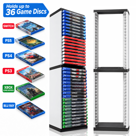 Leyeet Video Game Storage Tower, Vertical Game Disc Holder, Game Holder Organizer Stand with 36 CD Case Storage for Organizing & Displaying, Universal for PS5/PS4/XBOX One/Series/NS Game