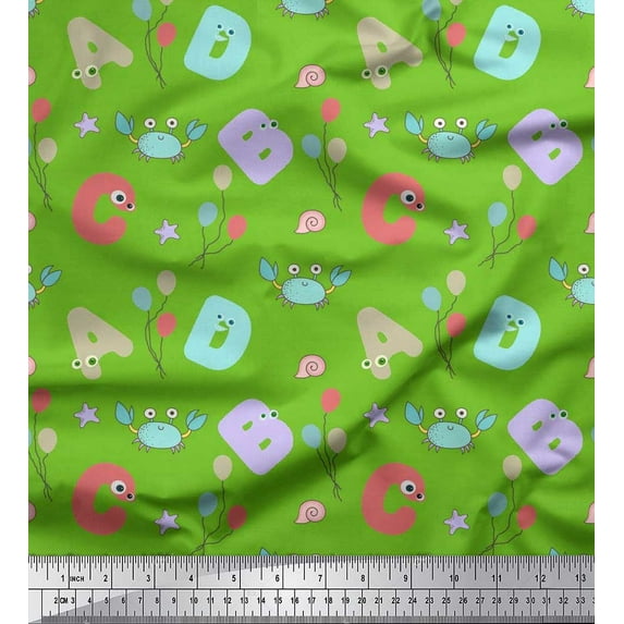 Soimoi Moss Georgette Fabric Crab,Balloons & Alphabets Kids Print Fabric by the Yard 42 Inch Wide