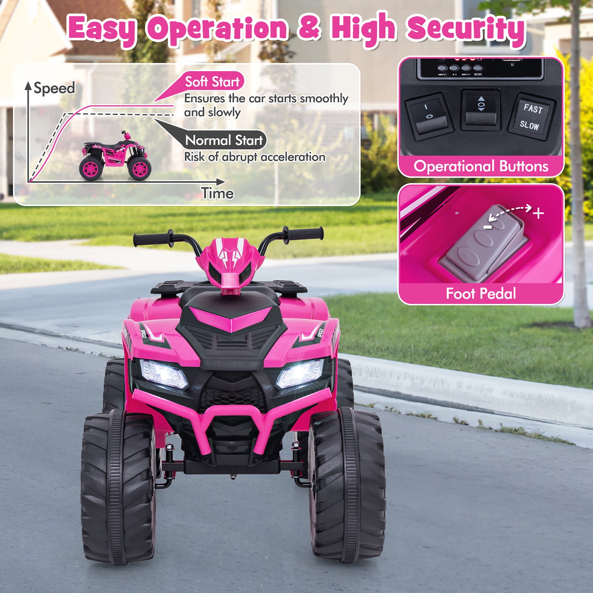 Gymax Kids Ride-On ATV 24V Battery Powered Electric Vehicle w/ Wireless Connection Music Radio Pink