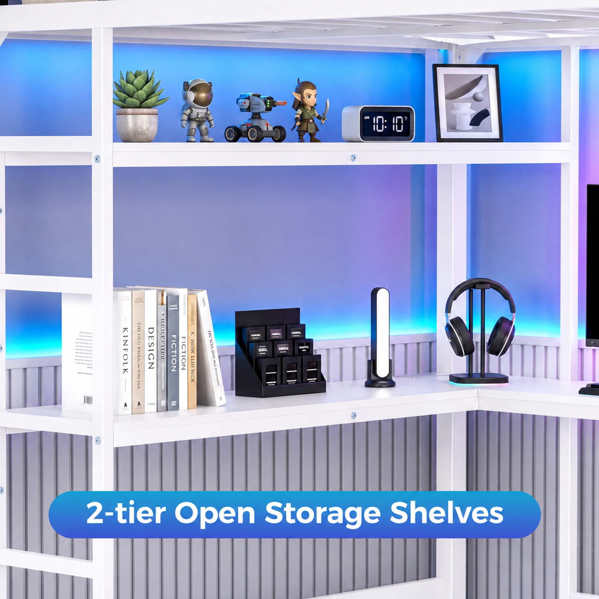Miniyam Full Size Metal Loft Bed with Desk, 7 Drawers, LED & Charging Station, White