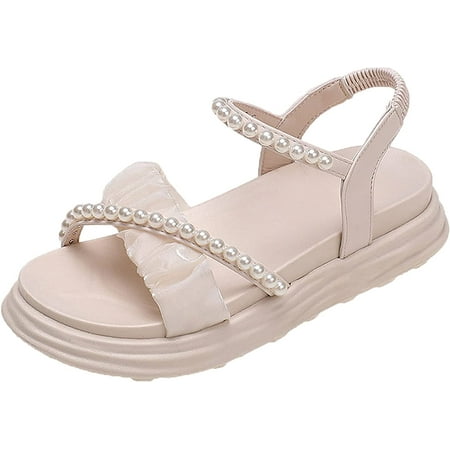 Women s Open Toe Platform Sandals Pearls Cross Straps Pull-on Summer Beach Shoes
