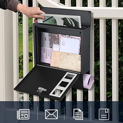 Locking Wall Mount Mailbox for Outside - Large Capacity Outdoor Mail Box with Key Lock for Home/Residential, Holds Newspapers/Magazines/Envelopes, 13 x 3.4 x 11.8 Inch, Black