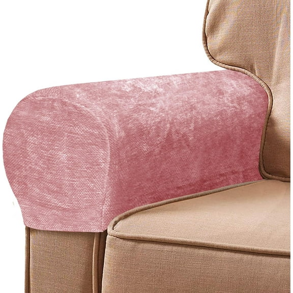 XmhyTop 2 Pcs Chenille Stretch Armrest Covers for Chairs and Sofas Couch Solid Color Non-Slip Arm Covers Armchair Slipcovers for Recliner with Twist Pins, Pink