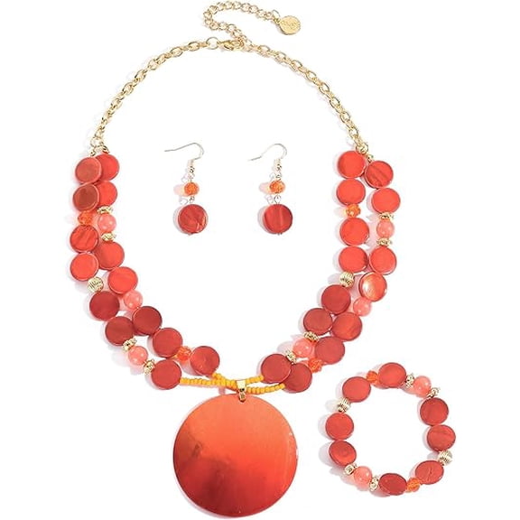 Coiris Layered Beads Statement Necklace for Women Gradient Colour Circle Shell Pendant Chunky Jewelry Set Costume Jewelry for Women?ST0027-Orange?