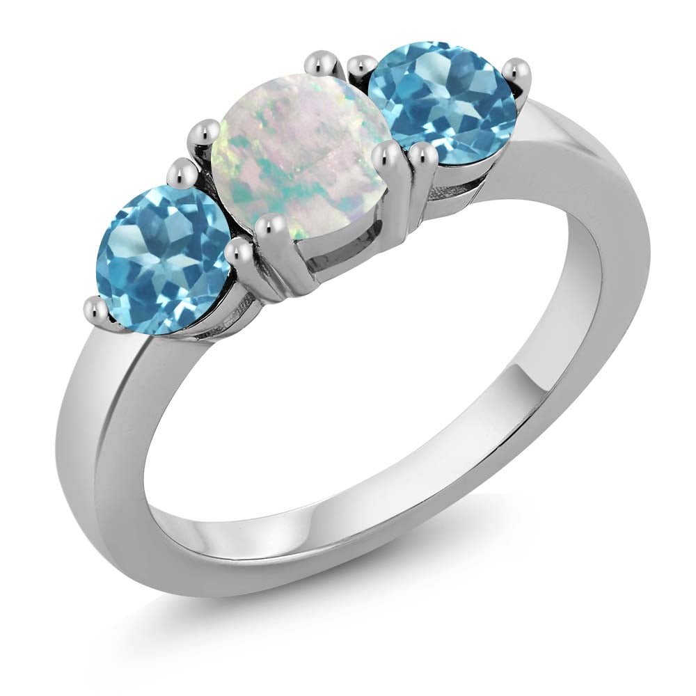 1.85 Ct Round White Simulated Opal Swiss Blue Topaz 925 Sterling Silver Ring by