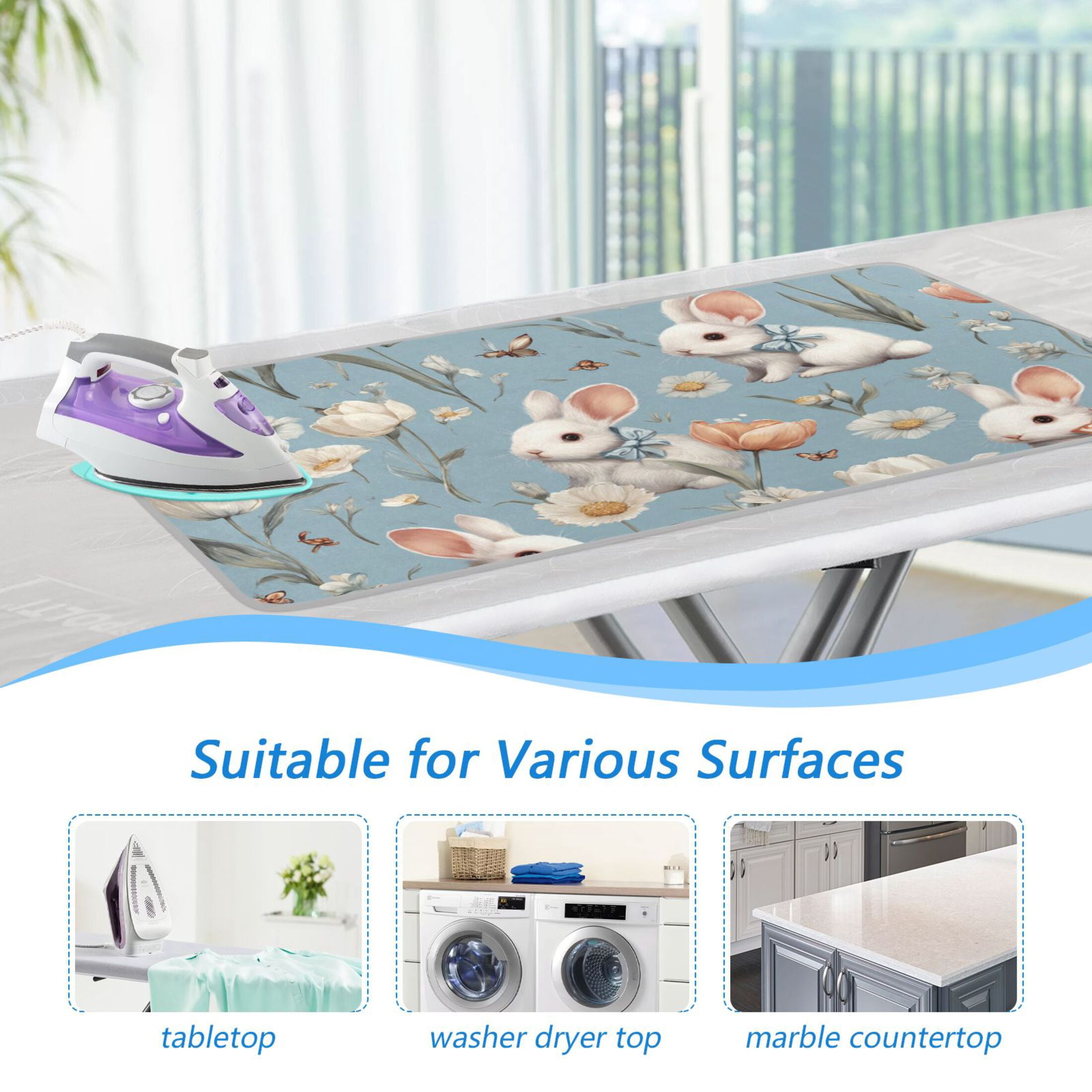 White Rabbits Flowers Butterflies Vintage Ironing Mat Blanket Portable Travel Ironing Pad Heat Resistant Pad 47.2" x 27.6”