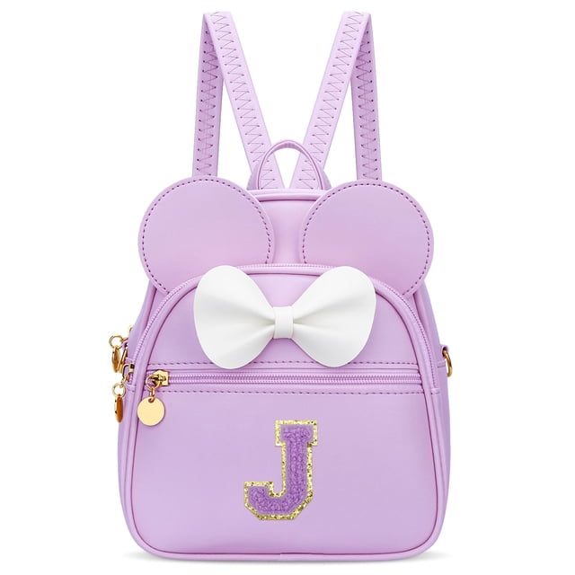 Minimochila KKXIU para niñas con iniciales en forma de lazo, piel sintética morada